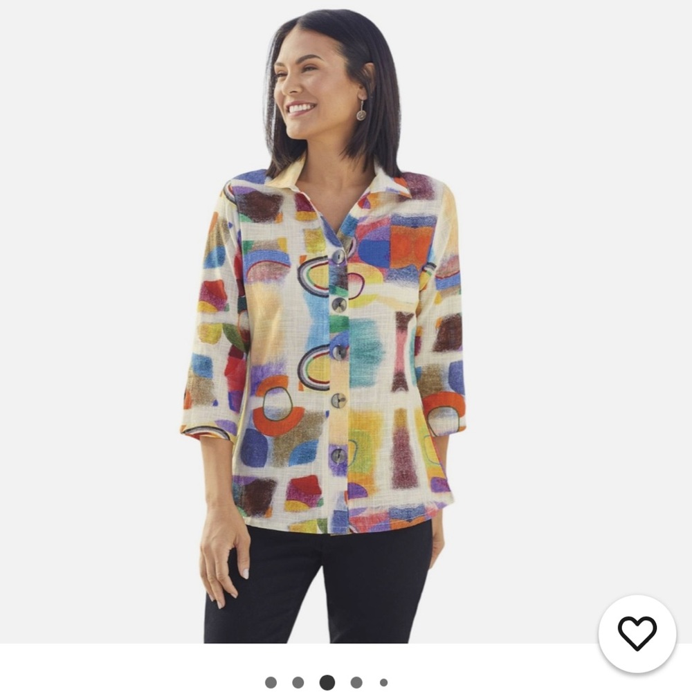 Parsley & Sage Button Front 3/4 Sleeve Top Abstract Art to‎ Wear Wearable Art S